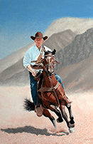 Portraiture oil painting of a cowboy on horseback.
