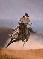 Portrait oil painting of a cowboy on horseback.